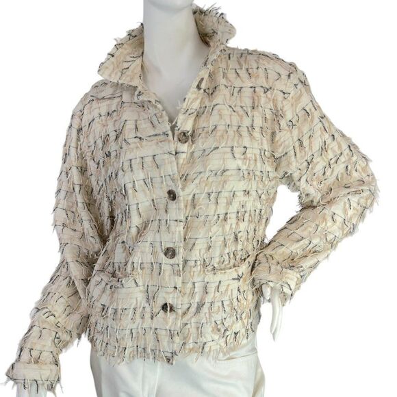 Kindred Spirit Vintage 1980s Short Fringed Handwoven White Jacket Size Large - Picture 1 of 11